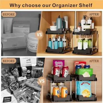 Under Sink Organizers and Storage, 2 Pack Large Capacity Heavy Load Pull-out Under Sink Shelf with 2 Tier Sliding Drawer for Kitchen & Bathroom & Cabinet & Pantry. (Black)
