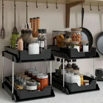 Under Sink Organizers and Storage, 2 Pack Large Capacity Heavy Load Pull-out Under Sink Shelf with 2 Tier Sliding Drawer for Kitchen & Bathroom & Cabinet & Pantry. (Black)