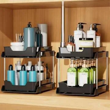 Under Sink Organizers and Storage, 2 Pack Large Capacity Heavy Load Pull-out Under Sink Shelf with 2 Tier Sliding Drawer for Kitchen & Bathroom & Cabinet & Pantry. (Black)