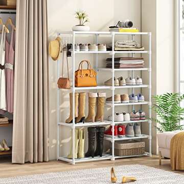 Tribesigns 8 Tier Metal Shoe Rack With Side Hooks For Entryway, 24-30 Pairs - Tall Storage Organizer For Shoes And Boots