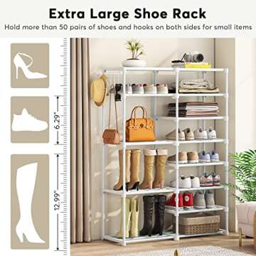 Tribesigns 8 Tier Metal Shoe Rack With Side Hooks For Entryway, 24-30 Pairs - Tall Storage Organizer For Shoes And Boots
