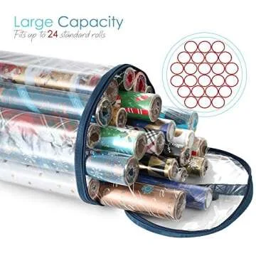 Hearth & Harbor Wrapping Paper Storage Container - Clear Wrapping Paper Holder Fits Up To 14 Rolls of 40" - Tear Proof Gift Wrapping Organizer Storage - Premium Christmas Storage Bag For Easy Carrying