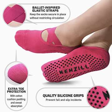 NEWZILL Yoga Socks for Women Non-Slip Grips & Straps, Ideal for Pilates, Pure Barre, Ballet, Dance, Barefoot Workout (3 Pairs-Brown/Purple/Pink)