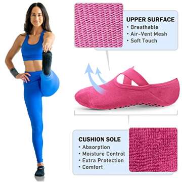 NEWZILL Yoga Socks for Women Non-Slip Grips & Straps, Ideal for Pilates, Pure Barre, Ballet, Dance, Barefoot Workout (3 Pairs-Brown/Purple/Pink)