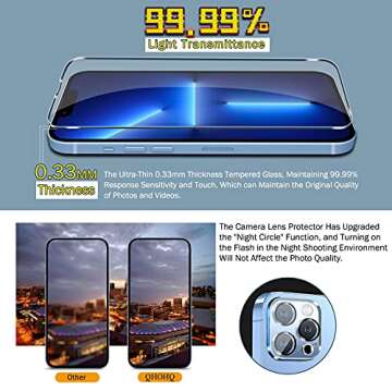 QHOHQ 3 Pack Screen Protector for iPhone 13 Pro Max 6.7" with 3 Pack Tempered Glass Camera Lens Protector, Ultra HD, 9H Hardness, Scratch Resistant, Easy Install - Case Friendly