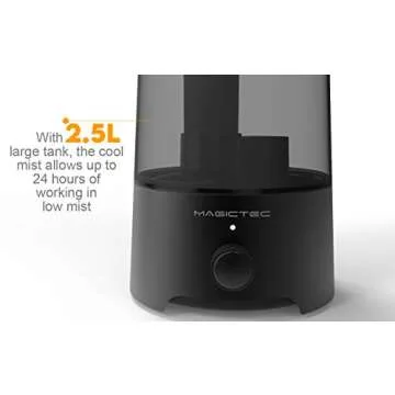 Cool Mist Humidifier, Magictec 2.5L Bedroom Essential Humidifier Diffuser, Baby Humidifier with Adjustable Mist Output, Auto Shut Off, Super Quiet 360° Nozzle- Lasts Up to 24 Hours BLACK