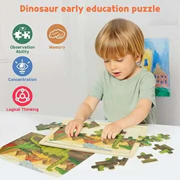 SYNARRY Large Dinosaur Wooden Puzzles for Kids 4 in 1 Gift Box(12.2 * 9.4 in) - FSC Certified, Jigsaw Puzzles for Kids Ages 4-6, Dinosaur Toys Gifts for 3 4 5 Year Old Boys Girls