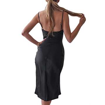 xxxiticat Women's Sleeveless Spaghetti Strap Satin Dress Cocktail Beach Evening Party Cowl Neck Dot Leopard Midi Dresses(Split,BL,S)