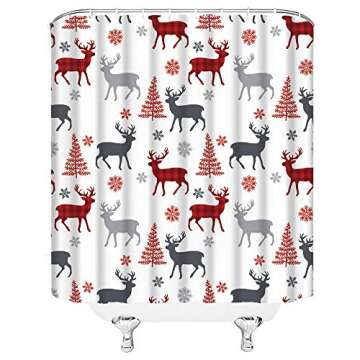 ZKJSMGS Christmas Deer Shower Curtain Red Plaid Deer Xmas Tree Reindeer Snow Snowflake Buffalo Check Winter Holiday Farmhouse Cabin Bathroom Home Curtain Decor with Hooks,70" Wx70 H
