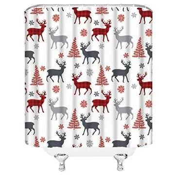 ZKJSMGS Christmas Deer Shower Curtain Red Plaid Deer Xmas Tree Reindeer Snow Snowflake Buffalo Check Winter Holiday Farmhouse Cabin Bathroom Home Curtain Decor with Hooks,70" Wx70 H