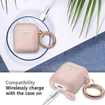 R-fun for Airpod Case Cover with Rosegold Keychain, Silicone Protective Skin Cover for Women Girl with Airpod Series 2 & Series 1 Charging Case,Front LED Visible-Pink Sand