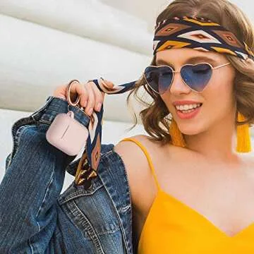 R-fun for Airpod Case Cover with Rosegold Keychain, Silicone Protective Skin Cover for Women Girl with Airpod Series 2 & Series 1 Charging Case,Front LED Visible-Pink Sand