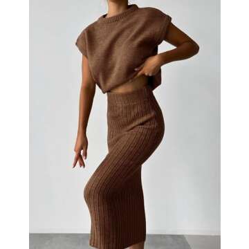 Zhiyouni Women's 2 Piece Sweater Sets Outfits Knit Vest Pullover Bodycon Maxi Skirts Loungewear(Brown-S)