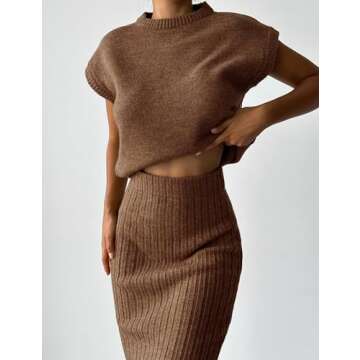 Zhiyouni Women's 2 Piece Sweater Sets Outfits Knit Vest Pullover Bodycon Maxi Skirts Loungewear(Brown-S)