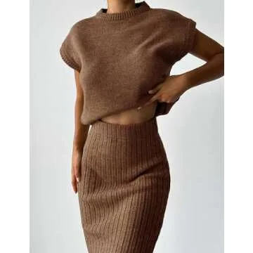 Zhiyouni Women's 2 Piece Sweater Sets Outfits Knit Vest Pullover Bodycon Maxi Skirts Loungewear(Brown-S)