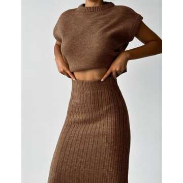 Zhiyouni Women's 2 Piece Sweater Sets Outfits Knit Vest Pullover Bodycon Maxi Skirts Loungewear(Brown-S)
