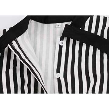 Wellwits Women's Stripes Print Tie Neck Pocket Vintage Button Down Shirt Dress 2XL Black