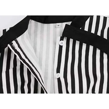 Wellwits Women's Stripes Print Tie Neck Pocket Vintage Button Down Shirt Dress 2XL Black