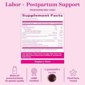 Pink Stork Red Raspberry Leaf Gummies - Third Trimester Labor Prep + Postpartum Mood Essentials with Evening Primrose Oil + Black Cohosh - 60 Vegan Gummy Supplements, Non-GMO