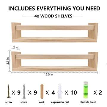 birola Nursery Book Shelves Set of 4,Wood Floating Nursery Shelves for Wall,Wall Bookshelves for Kids，Bathroom Decor, Kitchen Spice Rack (Set of 4)