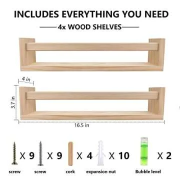 birola Nursery Book Shelves Set of 4,Wood Floating Nursery Shelves for Wall,Wall Bookshelves for Kids，Bathroom Decor, Kitchen Spice Rack (Set of 4)