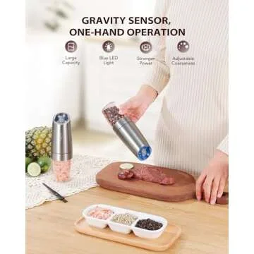Sangcon Gravity Electric Pepper and Salt Grinder Mill Set Automatic Shakers Grinder with LED Light, ...