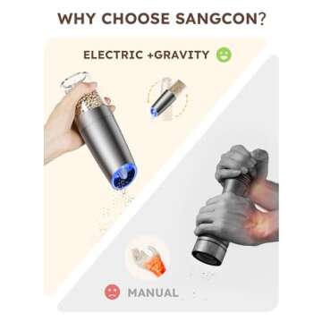 Sangcon Gravity Electric Pepper and Salt Grinder Mill Set Automatic Shakers Grinder with LED Light, Battery Powered Adjustable Coarseness One Hand Operation, Upgraded Larger Capacity