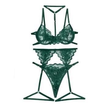 Lilosy Sexy Choker Floral Lace Scallop Sheer Underwire Push Up Garter Belt Lingerie Set for Women Se...