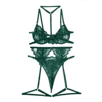 Lilosy Sexy Choker Floral Lace Scallop Sheer Underwire Push Up Garter Belt Lingerie Set for Women See Through Bra and Panty 3 Piece Army Green Medium