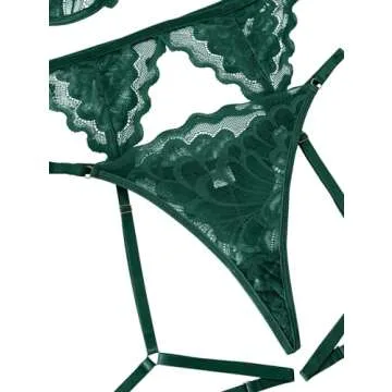 Lilosy Sexy Choker Floral Lace Scallop Sheer Underwire Push Up Garter Belt Lingerie Set for Women See Through Bra and Panty 3 Piece Army Green Medium