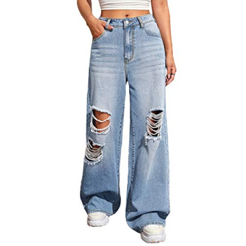 SweatyRocks Women's Casual Loose Ripped Denim Pants Distressed Wide Leg Jeans Light Blue XS