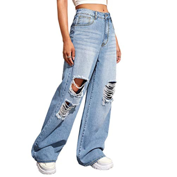 SweatyRocks Women's Casual Loose Ripped Denim Pants Distressed Wide Leg Jeans Light Blue XS