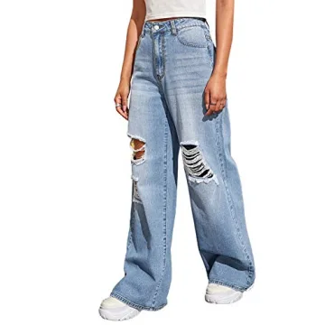 SweatyRocks Women's Casual Loose Ripped Denim Pants Distressed Wide Leg Jeans Light Blue XS