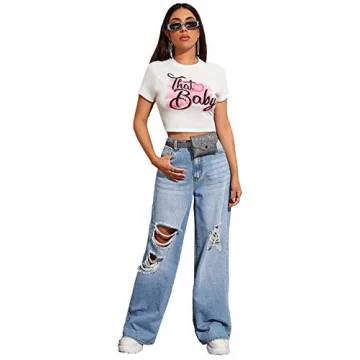 SweatyRocks Women's Casual Loose Ripped Denim Pants Distressed Wide Leg Jeans Light Blue XS