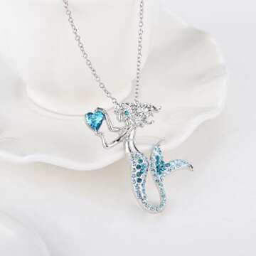 luomart Fashion Mermaid Birthstone Necklace Jewelry White Gold Plated Austrian Crystal Magic Pendant...