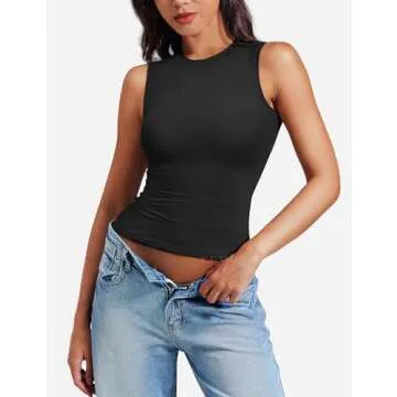 YEOREO Women Basic Mock Neck Workout Crop Top Sleeveless Double Lined Tank Tee Slim Fitted Ruched Going Out Camisole Black XS