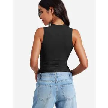 YEOREO Women Basic Mock Neck Workout Crop Top Sleeveless Double Lined Tank Tee Slim Fitted Ruched Going Out Camisole Black XS