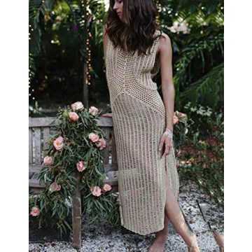 AILUNSNIKA Women Apricot Sexy Sleeveless Crochet Knitted Dress Hollow Out Side Slit Long Tank Bikini Cover Up