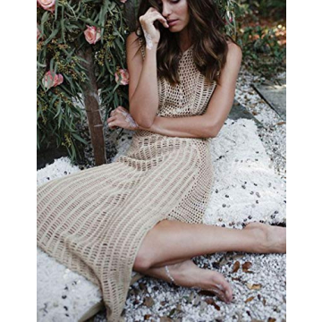 AILUNSNIKA Women Apricot Sexy Sleeveless Crochet Knitted Dress Hollow Out Side Slit Long Tank Bikini Cover Up