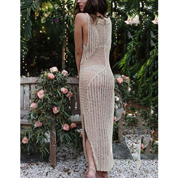 AILUNSNIKA Women Apricot Sexy Sleeveless Crochet Knitted Dress Hollow Out Side Slit Long Tank Bikini Cover Up