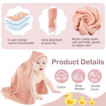 Peryiter 4 Pcs Muslin Hooded Baby Towels,32"x 32" Cotton Newborn Bath Towel Muslin Infant Baby Blankets Absorbent Unisex Newborn Registry Gift for Girls Boys (Light Pink)