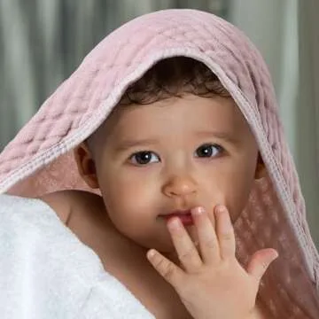 Peryiter 4 Pcs Muslin Hooded Baby Towels,32"x 32" Cotton Newborn Bath Towel Muslin Infant Baby Blankets Absorbent Unisex Newborn Registry Gift for Girls Boys (Light Pink)