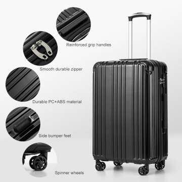 COOLIFE Luggage Expandable Suitcase PC+ABS 3 Piece Set with TSA Lock Spinner Carry on 20in24in28in(Black, 3 piece set)