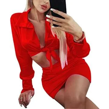 LuFeng Womens Satin Sexy Self Tie Front Long Sleeve 2 Piece Outfits Crop Top and Mini Bodycon Skirt Set (M, Red)