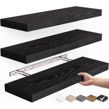 BAYKA Rustic Floating Wall Shelves, Set of 3 - 16in Black Wood Storage Solutions