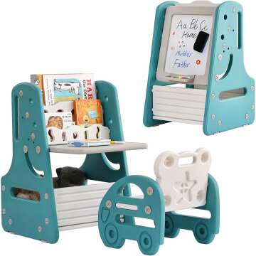 Tiita Kids Table and Chair Set: 3 in 1 Art Easel & Bookshelf