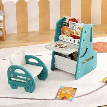 Tiita Kids Table Set with Art Easel and Bookshelf