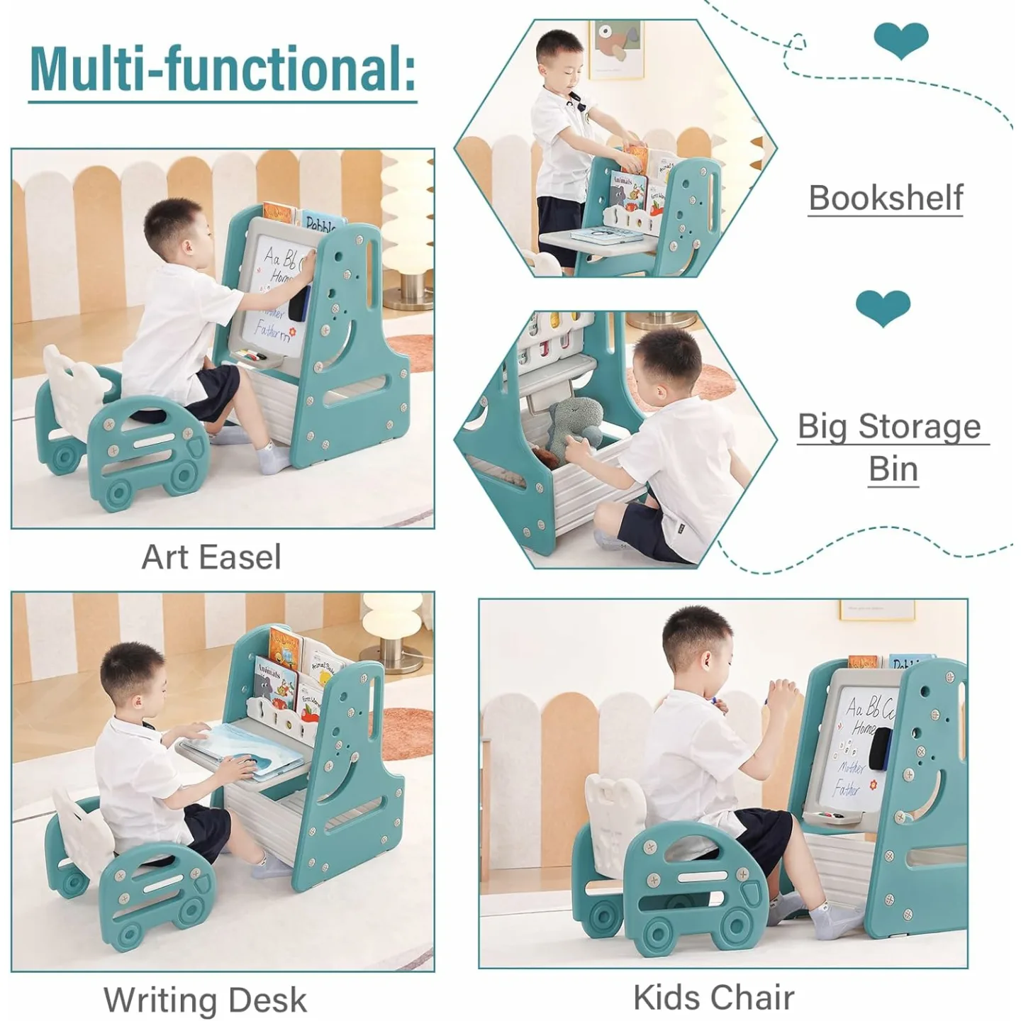 Tiita Kids Table Set with Art Easel and Bookshelf