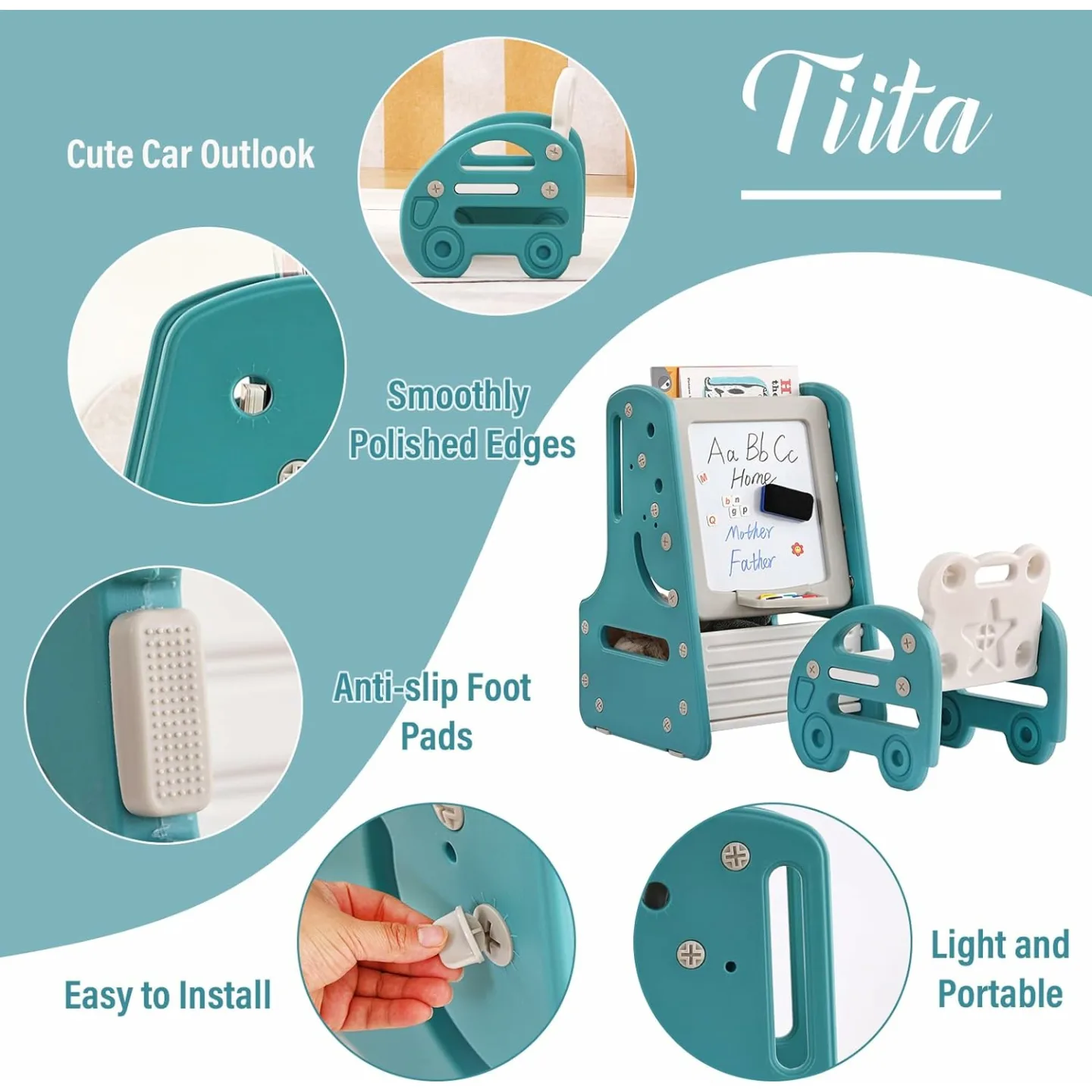 Tiita Kids Table Set with Art Easel and Bookshelf