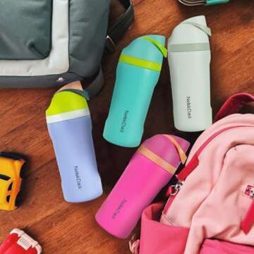 NebkDask 16 Ounce Vacuum Insulated Stainless Steel Kids Cups,with a straw,Vacuum Insulated Reusable Water Bottle for Milk and Juice,(16oz/Pink)